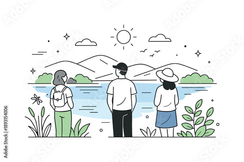Nature Tranquility Illustration. Connection with nature. People standing near water and plants, quietly observing the landscape. Sense of calm, presence, and