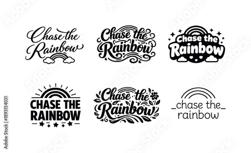 Diverse Lettering Styles. Chase the Rainbow. Set lettering. harmonious lettering variations of the same emblematic concept, each with different artistic