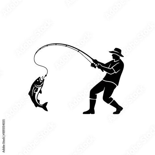 fisherman catching big fish silhouette icon with fishing rod