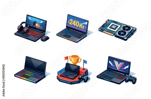 Esports Laptop Icons. Esports laptop. Isometric flat vector icons set of esports laptop: competitive gaming laptop, laptop with high refresh display, laptop