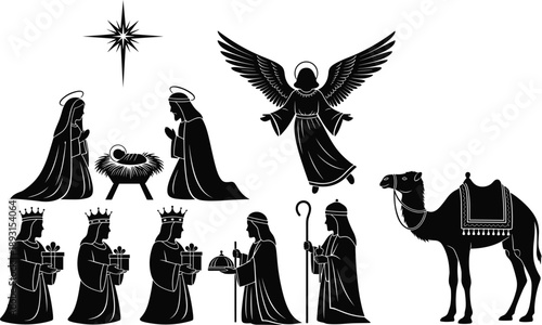 Flat vector nativity scene silhouette, baby Jesus, Mary, Joseph, angel, wise men, star of Bethlehem, Christmas religious illustration, black background
