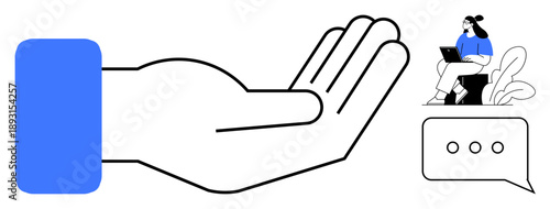 Communication concept. Open hand symbol alongside chat bubble icon s connection and communication. Communication for teamwork, engagement, digital platforms, and messaging apps
