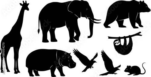 Animal silhouette vector set, wild zoo animals collection including giraffe, elephant, bear, hippo, sloth, bird, mouse, decorative wildlife design illustration