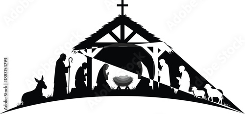 Flat vector nativity scene silhouette, baby Jesus, Mary, Joseph, shepherds, animals, stable, Christmas religious illustration, black and white design