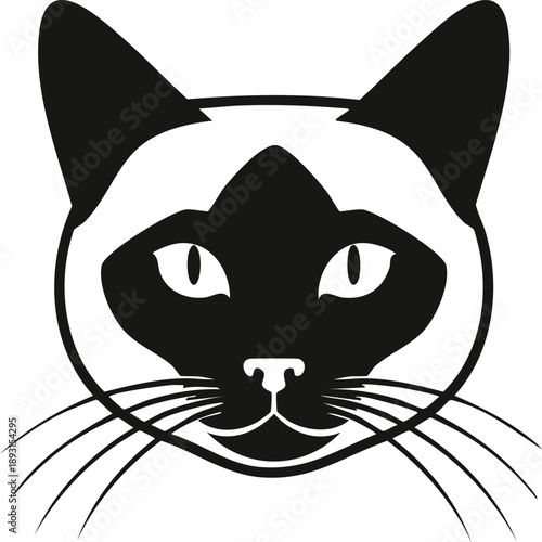 Detailed Siamese cat head silhouette vector illustration for feline pet grooming and oriental shorthair breed design themes isolated on white
