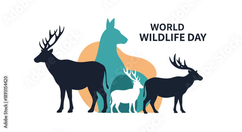 Vector icons of animals on World Wildlife Day in America, featuring a deer, horse, and another deer with elements of nature.