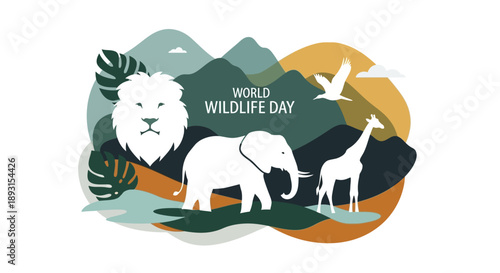 Vector illustration of animals on World Wildlife Day, featuring a lion, elephant, giraffe, and bird amidst natural elements.