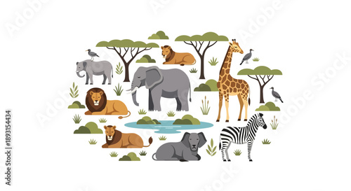 Vector illustration of various wild animals in their natural habitat, celebrating World Wildlife Day in america with elements of the wild.