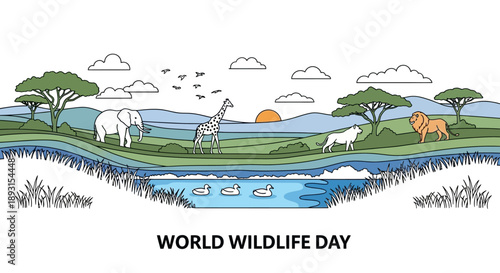 Vector illustration of animals in their natural habitat on World Wildlife Day in America.