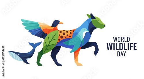 Vector illustration of animal icons for World Wildlife Day, featuring a whale, bird, and mammal in a stylized composition with leaf elements on a white background.