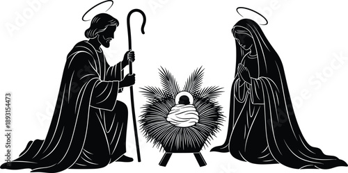 Flat vector nativity scene silhouette, holy family, baby Jesus in manger, black and white religious illustration, Christmas Christian art