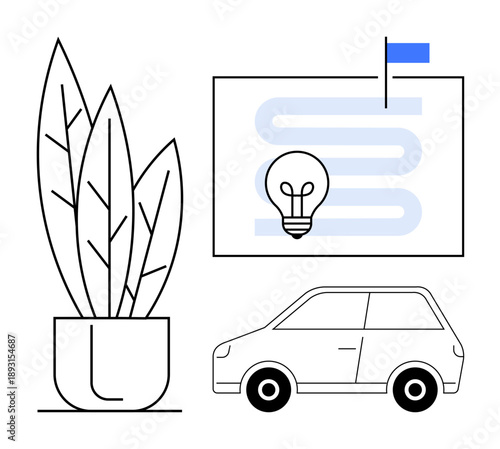 Visual design. Clean composition a potted plant, a light bulb graphic ideas, and a car outline. Visual design for innovation, sustainability, transportation, creativity, and modernity