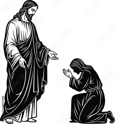 Flat vector silhouette of Jesus and praying figure, religious forgiveness scene, black and white illustration, spiritual compassion, Christian artwork