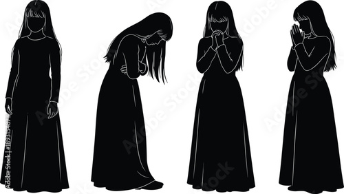 Flat vector silhouette of emotional woman poses, prayer gesture, sadness reflection, black and white illustration, expressive body language art