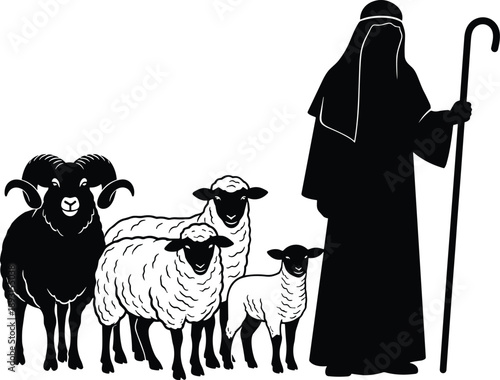 Flat vector silhouette of shepherd with sheep, pastoral scene, traditional robe, black and white illustration, rural life, livestock care