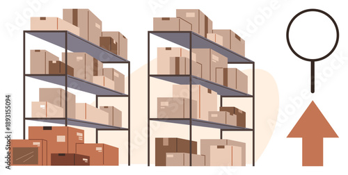 Logistics, supply chain, inventory management, warehouse organization, shipping, productivity. Shelves filled with boxes, magnifying glass and upward arrow. Inventory management and supply chain