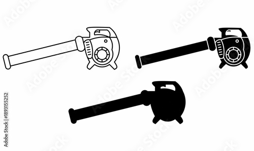 leaf blower icon set commonly known as a blower, sometimes called walk-behind leaf blowers or   called blower vacs. vector illustration in thin, line, outline, silhouette