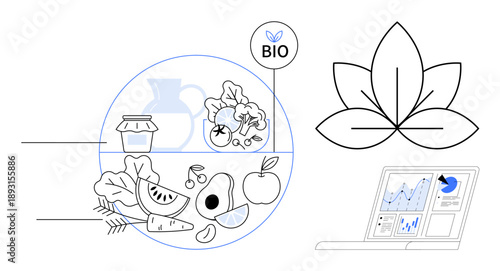Health, sustainability, eco-friendly, organic farming, data analysis, nutrition. ion of fresh produce, bio label and analytics chart. Organic farming and sustainability highlighted