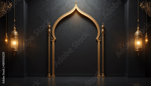Golden islamic arch frame on dark background, soft ambient lighting, luxury style, realistic shadows, elegant ramadan backdrop, copy space, no text, no people, professional stock background
