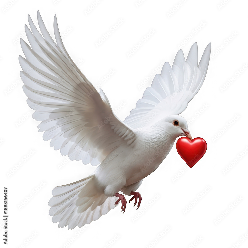 Fototapeta premium White dove flying with red heart in beak isolated on transparent background