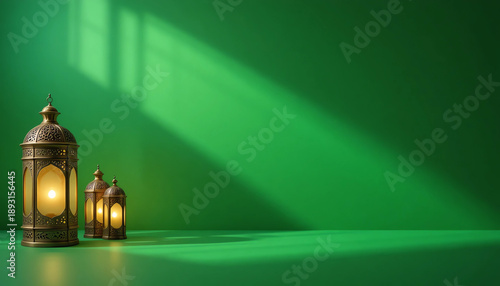 Chroma key green background with soft Ramadan lantern light shadows, smooth