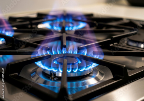 Vibrant blue gas flame dancing on stovetop burner bringing heat to kitchen