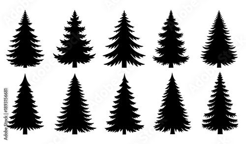 Black Christmas tree silhouette vector set classic evergreen