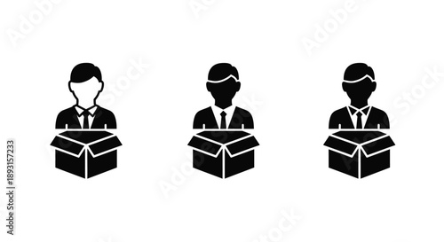 The businessman avatar stands above an open shipping box.