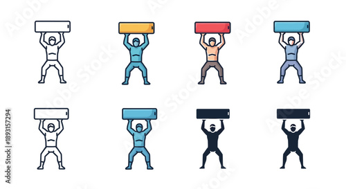 Strong figures hold banners above their heads in sets.