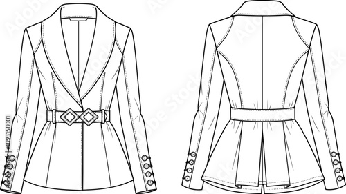 Women's belted blazer flat technical drawing with front and back views featuring lapel collar, long sleeves, and tailored jacket vector illustration design apparel