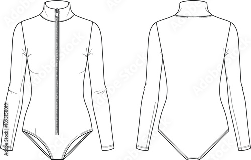 Women's bodysuit flat technical drawing with front and back views featuring long sleeves, high neck, zipper closure vector fashion illustration design apparel
