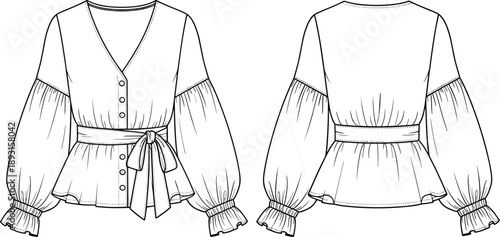 Women's fashion blouse flat technical drawing with front and back views featuring v neck, buttons, waist tie, and balloon sleeves vector illustration design
