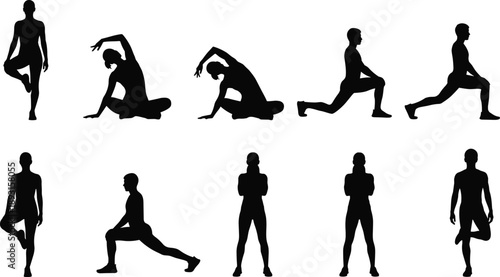 Yoga and fitness silhouettes featuring men and women performing balance, stretching and lunging exercises isolated on white background, healthy lifestyle workout vector illustration set