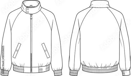 Technical fashion illustration of zip up bomber jacket with stand collar, front and back views, clean line art vector template for outerwear apparel design