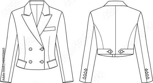 Technical fashion illustration of women's cropped double breasted blazer jacket, front and back views, clean line art vector for apparel design templates