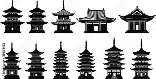Traditional Asian pagoda and temple silhouettes set collection, black architecture icons inspired by Chinese and Japanese Buddhist heritage buildings vector illustration
