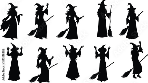 Witch silhouette collection showing magical poses with brooms and hats isolated on white background for Halloween design, fantasy illustration, spooky decoration and folklore graphics