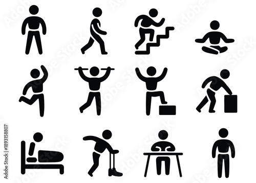 Human Figure Activity Icons Set Keywords: silhouette, icon, person, activity, human, figure, set