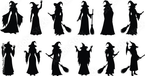 Witch silhouette illustration set showing magical women in hats with brooms, Halloween fantasy characters, spell casting poses, dark folklore theme, black vector collection isolated