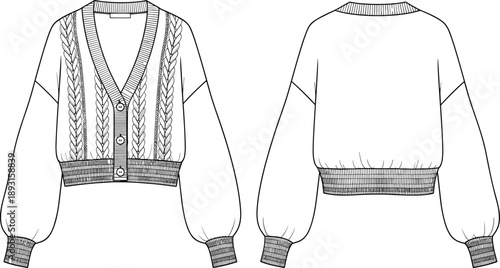 Women’s cable knit cardigan technical flat sketch with buttons, front and back view vector illustration for fashion design, knitwear development, and apparel manufacturing reference