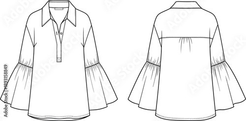 Women’s bell sleeve tunic blouse technical flat sketch, front and back view vector illustration for fashion design, apparel development, and manufacturing reference