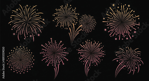 Rose Gold and Pink Fireworks Sparkle Collection on Black Background 