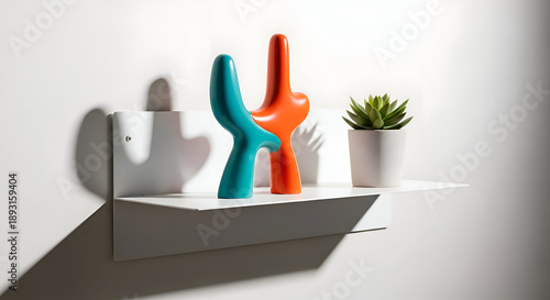 Colorful abstract sculptures sit on a white shelf next to a small potted plant against a white wall, creating a modern and minimalist aesthetic.