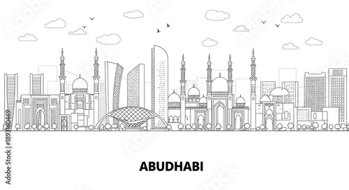 Line art illustration of a city skyline with mosques, skyscrapers, and clouds, labeled 