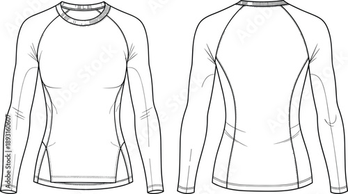 Technical fashion illustration of fitted long sleeve compression top with raglan seams, front and back views,