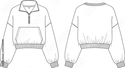Technical fashion illustration of cropped half zip pullover sweatshirt with elastic hem and long sleeves, front and back views, 