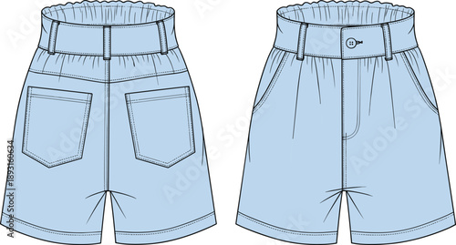 Technical fashion illustration of high waisted denim shorts with elastic waistband, front and back views, 