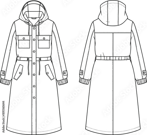 Technical fashion illustration of long hooded trench coat with belt and pockets, front and back views, 