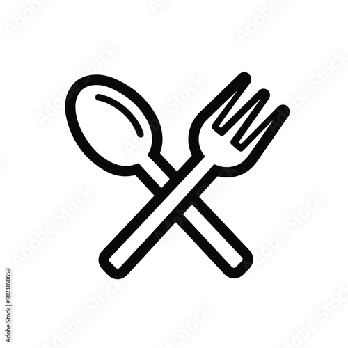 A black line icon of a spoon and fork crossed over each other on a white background. Perfect for food, dining, and restaurant concepts.