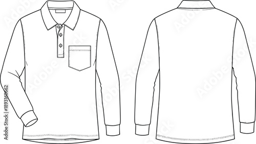 Technical fashion illustration of long sleeve polo shirt, front and back views, 